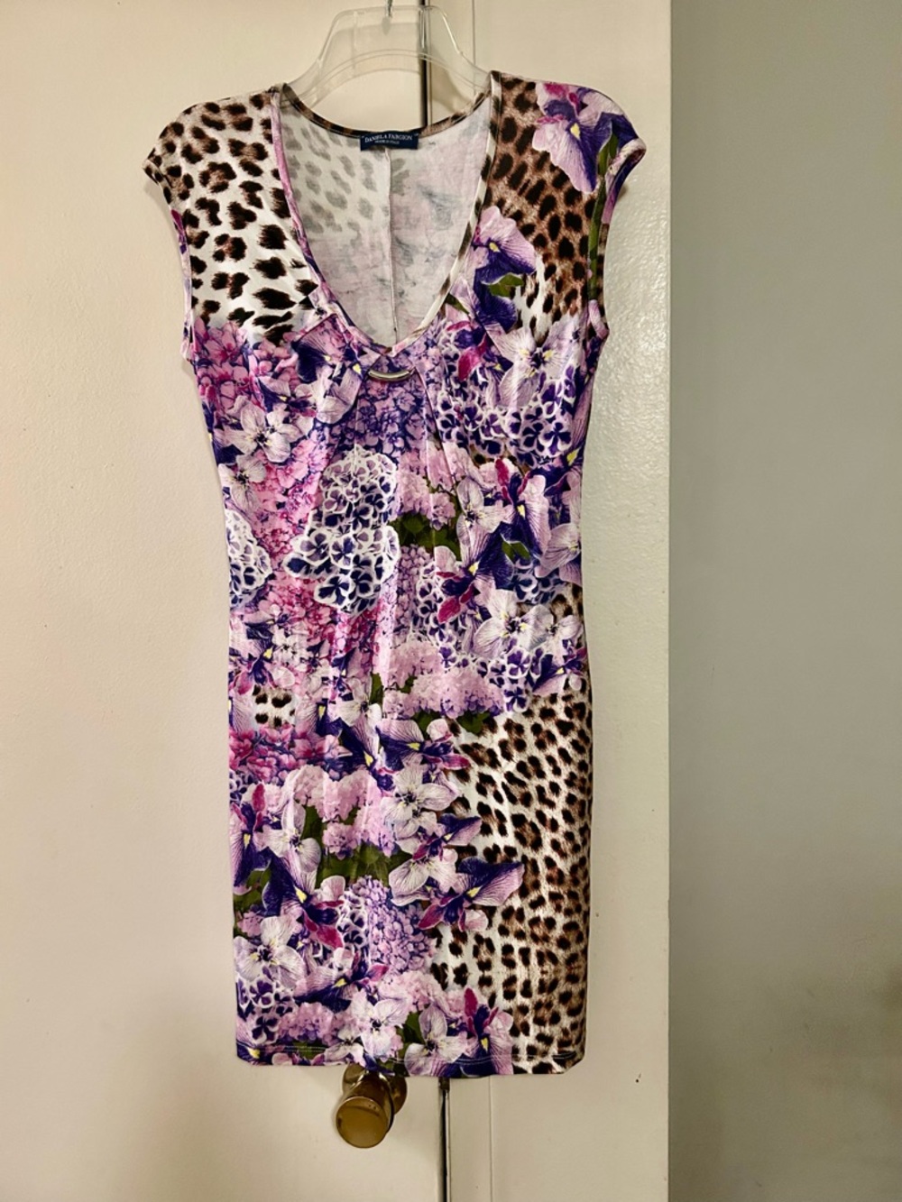 Anne Klein Floral & Leopard Print V-Neck Midi Dress - Pink/Purple